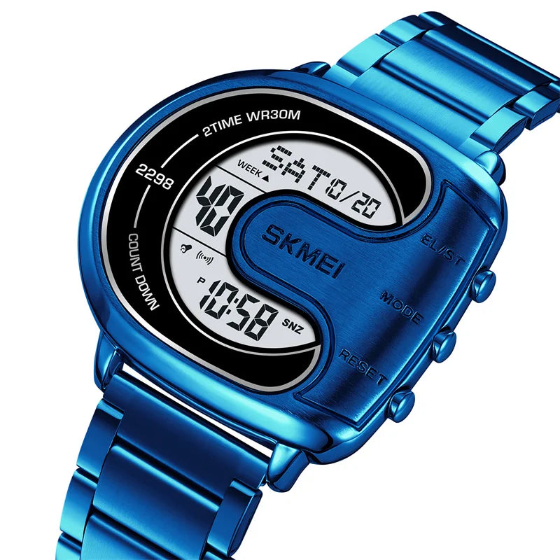 Skmei Mens Digital Waterproof Watches Luxury Stainless Steel Band Led Chronograph Alarm Clock Fashion Stopwatch Sports Dual Time