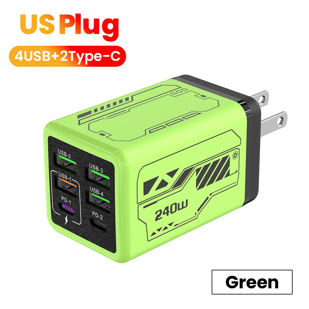 240W 6-Port Super Fast Charger – 4 USB + 2 USB-C PD 3.0 Fast Charging Station for iPhone 17/16, Samsung, POCO & More
