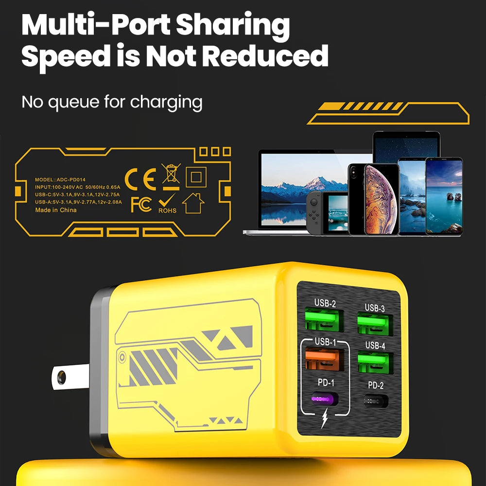 240W 6-Port Super Fast Charger – 4 USB + 2 USB-C PD 3.0 Fast Charging Station for iPhone 17/16, Samsung, POCO & More