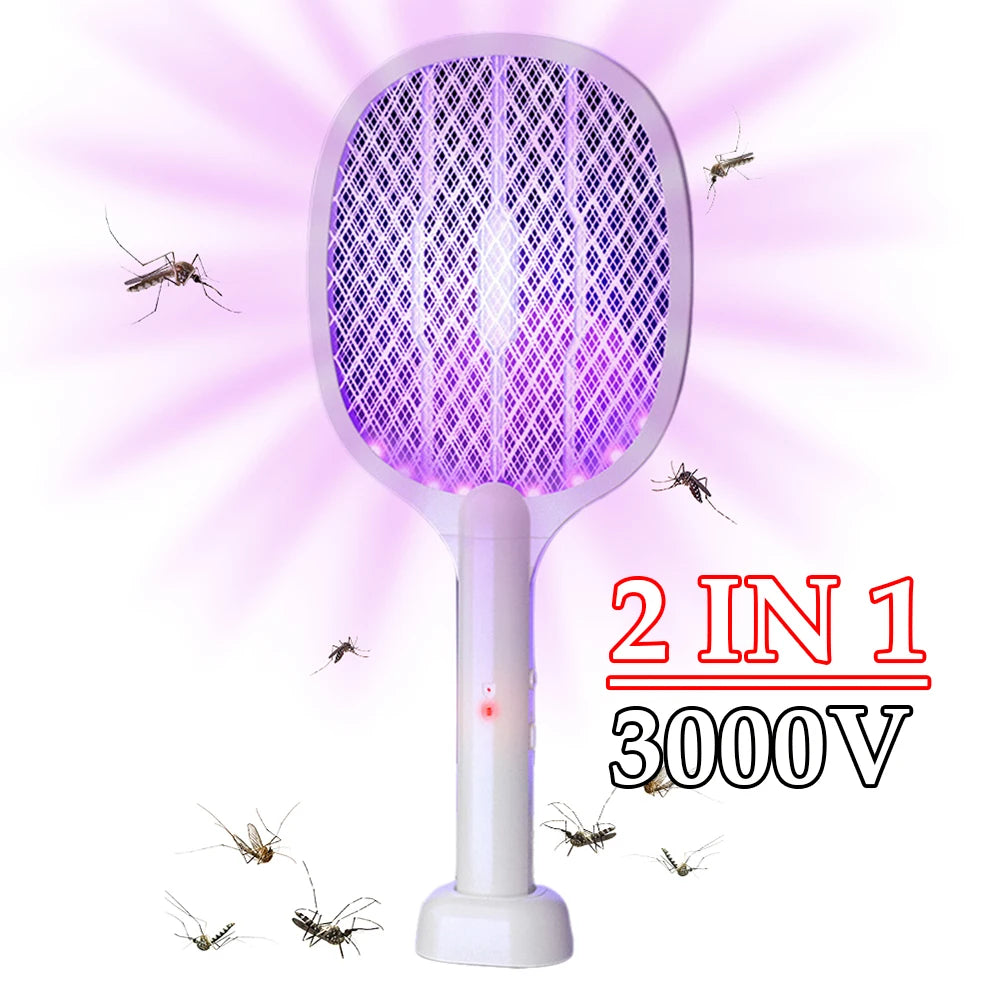 Handheld Electric Fly Swatter 3000V Bug Zapper Racket 2 in 1 Fly Swatter with USB Rechargeable Mosquito Killer Lamp Pest Control