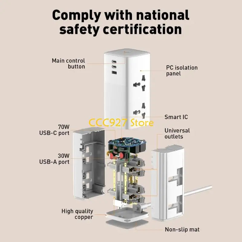 B03F 70W Surges Protectors Power Strips Tower Flat Plug 2 Outlets 3 USB Port for Home Office Dorm Room