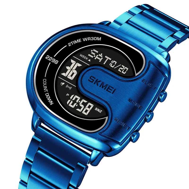 Skmei Mens Digital Waterproof Watches Luxury Stainless Steel Band Led Chronograph Alarm Clock Fashion Stopwatch Sports Dual Time