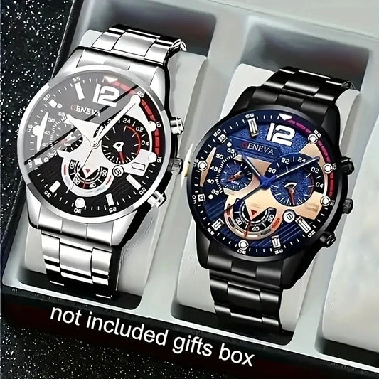 2PCS Men's Watch Set Trendy Fashion Business Digital Scale Circular Dial Quartz Watch Set Suitable for Daily Clothing Matching