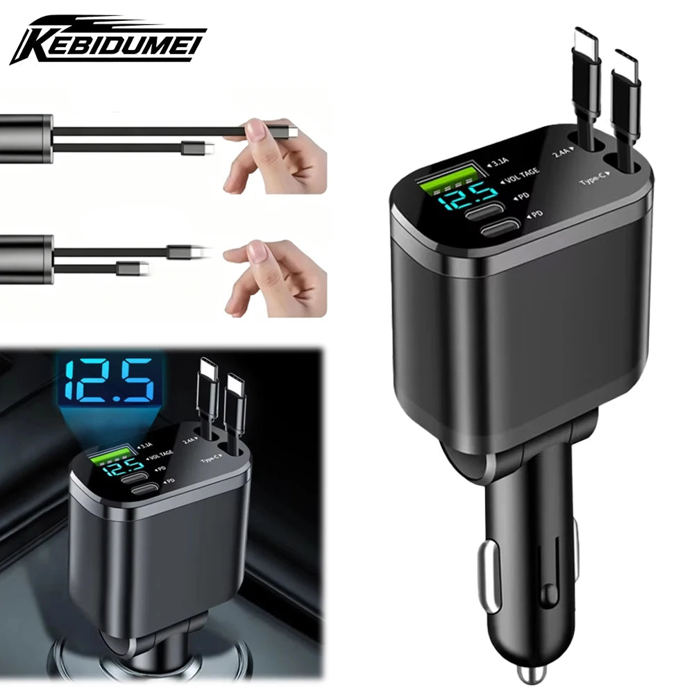 150W 5-in-1 Retractable Car Charger | Fast Charging USB Cigarette Lighter Adapter for iPhone & Samsung