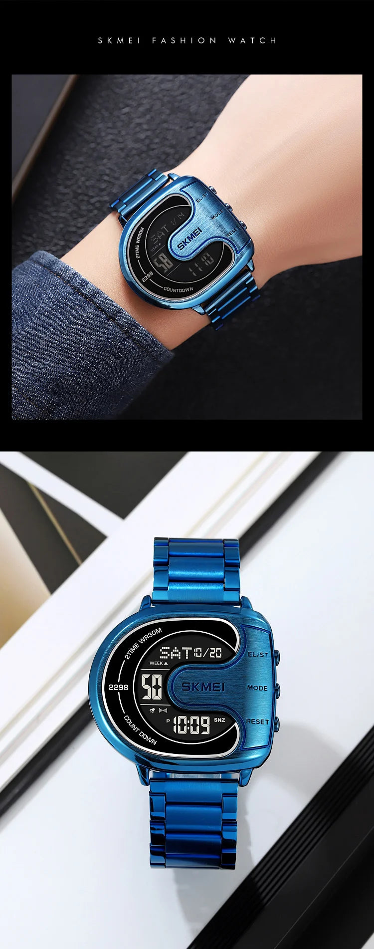 Skmei Mens Digital Waterproof Watches Luxury Stainless Steel Band Led Chronograph Alarm Clock Fashion Stopwatch Sports Dual Time