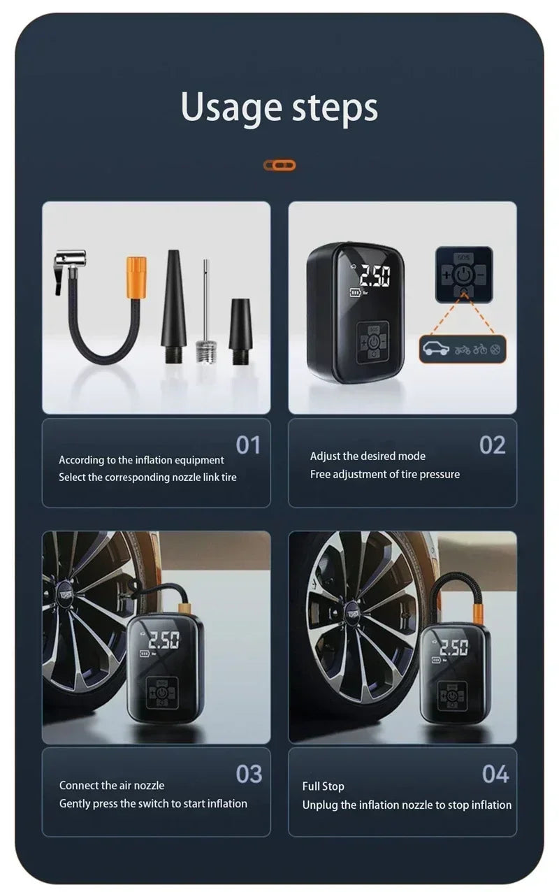 Mobile small and convenient digital cordless portable air pump, fast tire inflator, compressor, car tire inflator, bicycle, ball