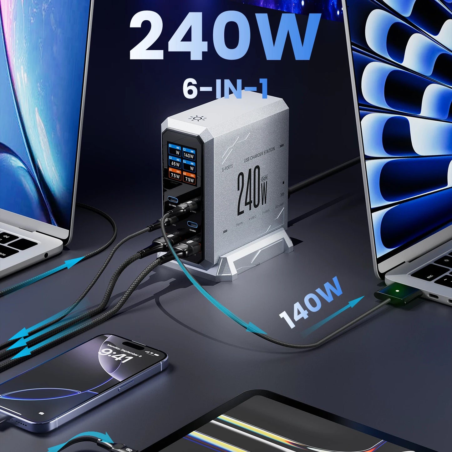 240W GaN 6-in-1 Fast Charger | 140W PD3.1 USB-C Charging Station with Digital Display for iPhone, MacBook & Samsung