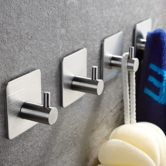 2/4pcs Self-Adhesive Towel Hooks Stainless Steel Stick-On Wall Hooks For Home Coat Robe Bathroom Organization Accessories