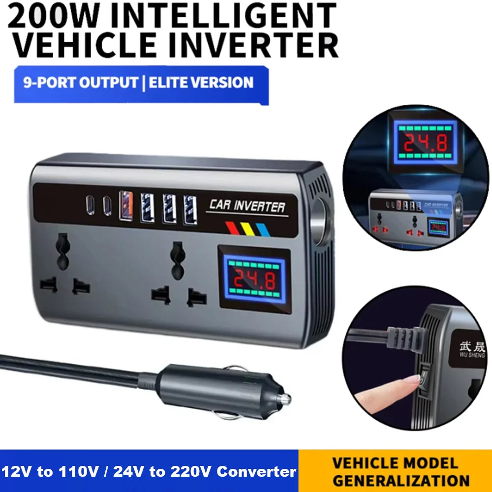 Portable Car Power Inverter 12V to 110V / 24V to 220V with 4 USB Fast Charging Ports | AC Outlet Adapter for Car, Truck & RV
