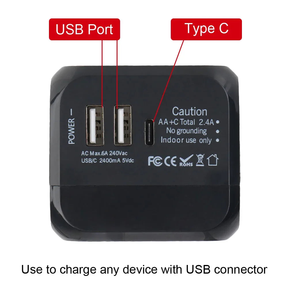 All-in-One Wall Travel Charger Adapter - US EU UK AU Plugs with 2 USB & 1 Type C, Universal for Travel
