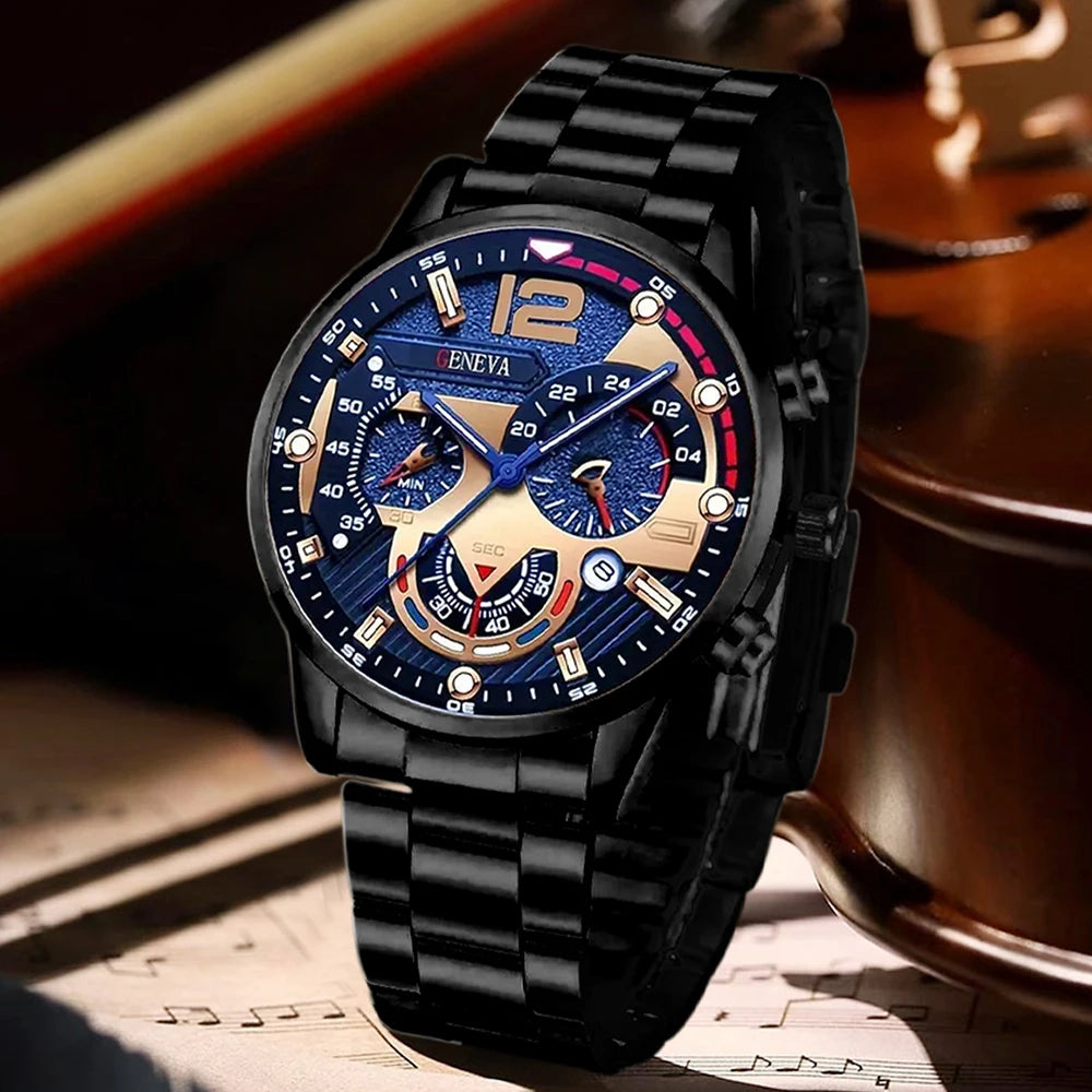 2PCS Men's Watch Set Trendy Fashion Business Digital Scale Circular Dial Quartz Watch Set Suitable for Daily Clothing Matching