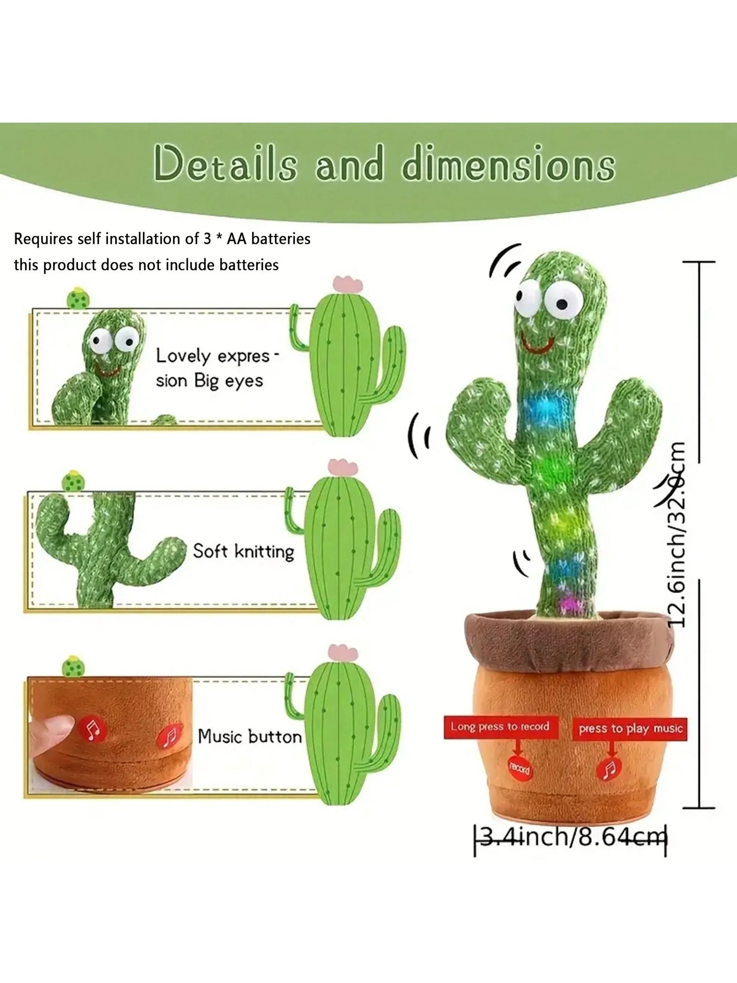 Magic Dancing Cactus Toy with Voice Repeat & LED Lights | Singing Talking Interactive Plush Toy for Kids