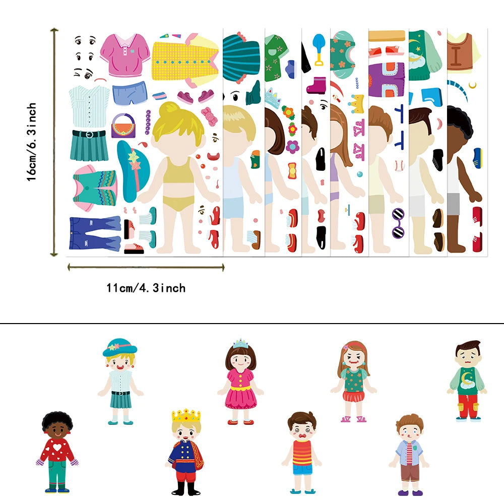 8/16/32PCS Children's Dress Up Puzzle Stickers Cute Cartoon Creative Fun Children's Puzzle Account Material Waterproof Stickers