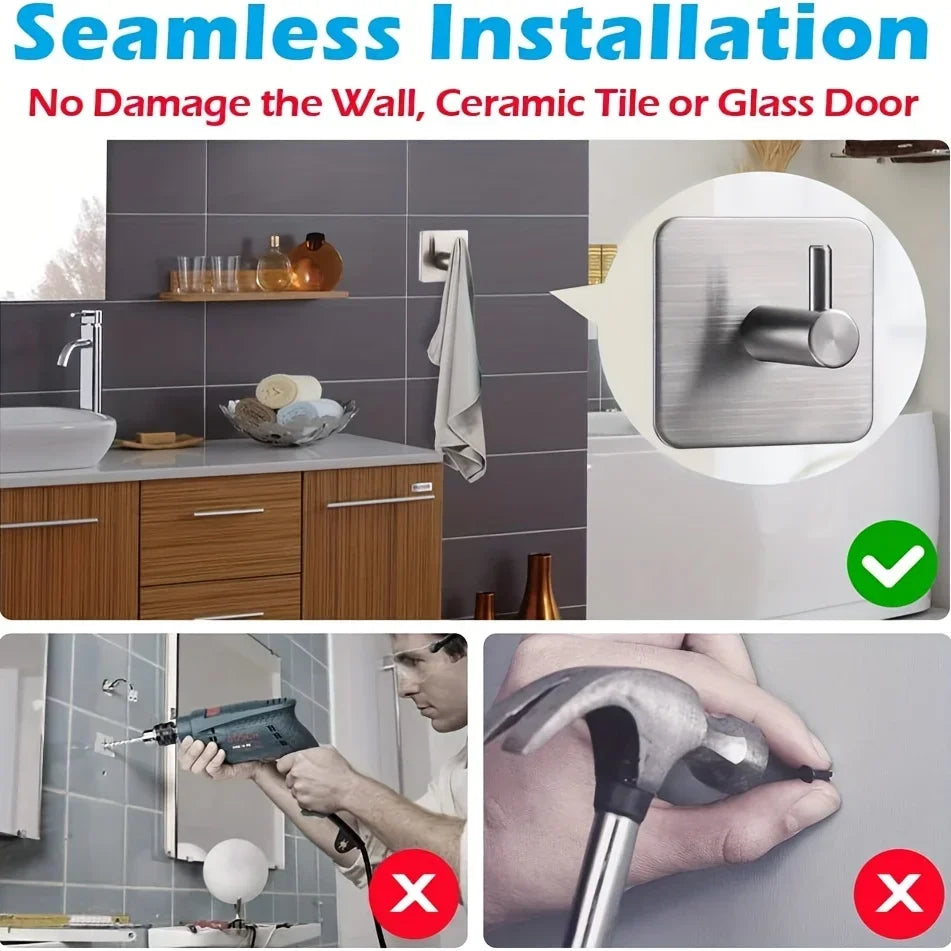 2/4pcs Self-Adhesive Towel Hooks Stainless Steel Stick-On Wall Hooks For Home Coat Robe Bathroom Organization Accessories