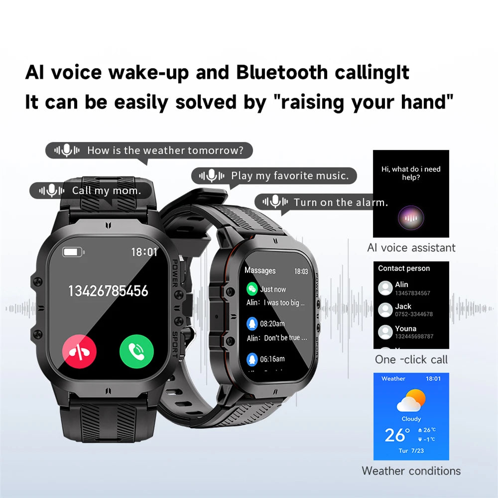 MISIRUN New C26 Smart Watch 100+ Sports Modes Bluetooth Call Smartwatch 1.96" AMOLED 1ATM Waterproof Outdoor Military Wristwatch