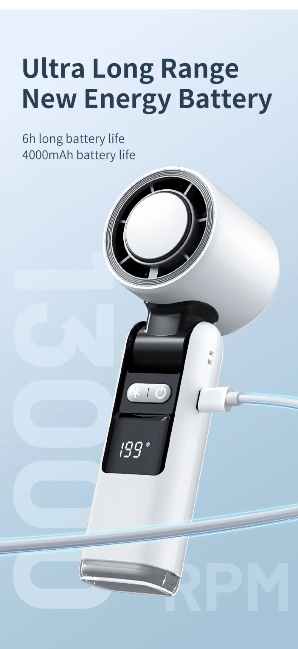 Mini Ice Compress Handheld Turbo Jet Fan 199 Wind Speeds Adjustable 4000mAh USB Rechargeable Portable Fan Outdoor Turbo Neck Fan