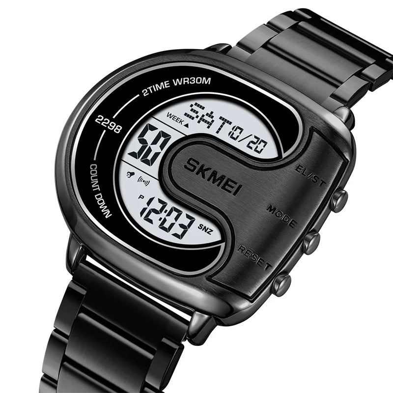 Skmei Mens Digital Waterproof Watches Luxury Stainless Steel Band Led Chronograph Alarm Clock Fashion Stopwatch Sports Dual Time