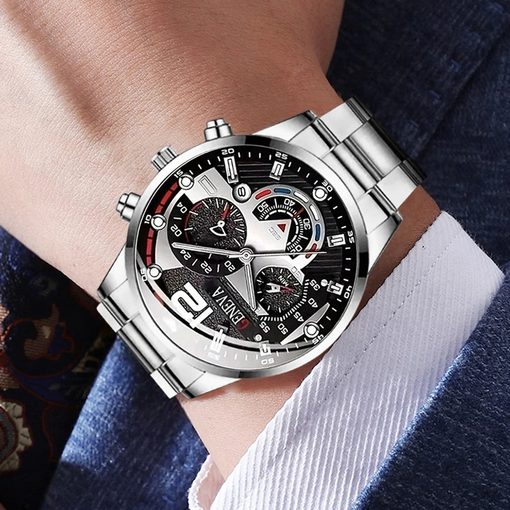 2PCS Men's Watch Set Trendy Fashion Business Digital Scale Circular Dial Quartz Watch Set Suitable for Daily Clothing Matching