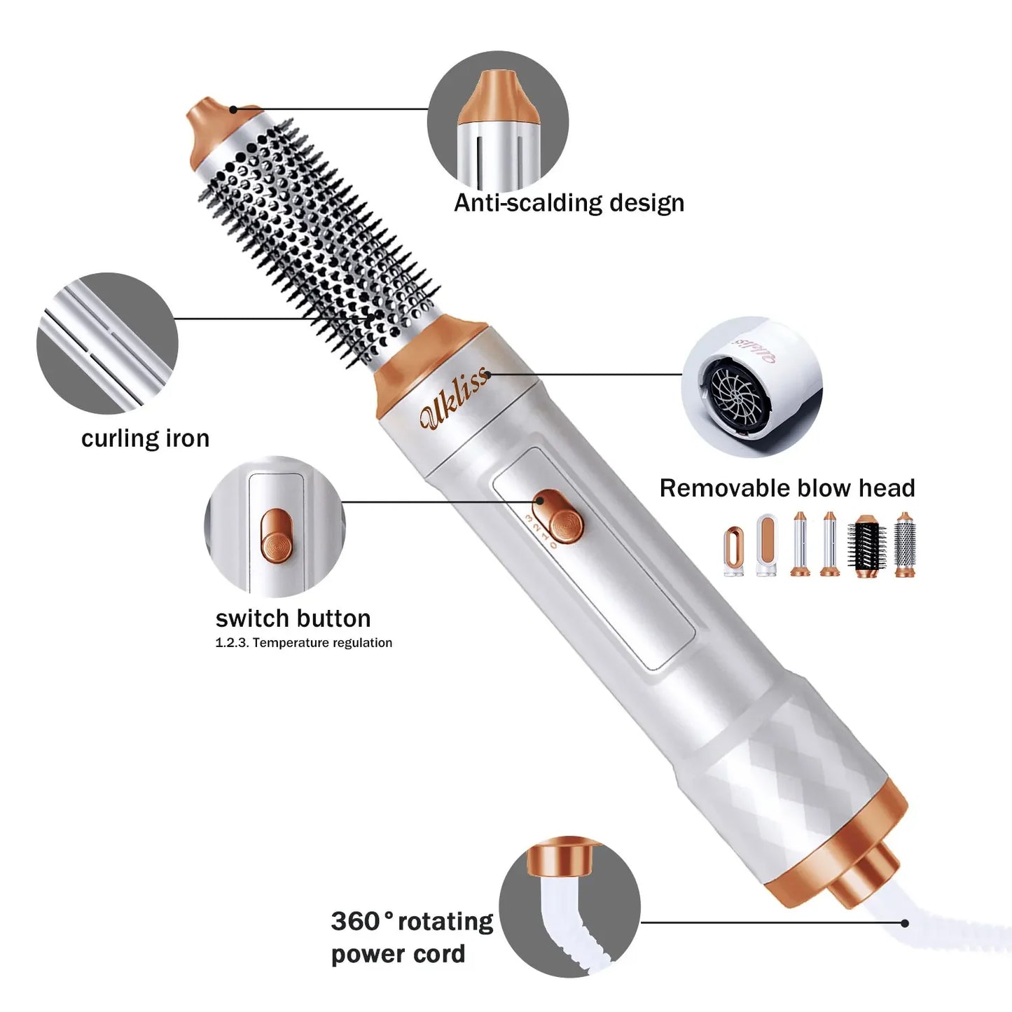 Ukliss 6 In 1 Electric Hair Dryer Brush White gold Blow Dryer Comb Hair Curling Wand Detachable Brush Kit Negative Ion Curler