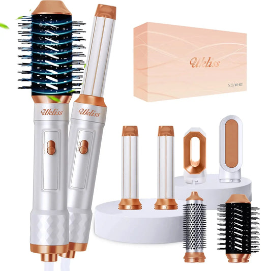 Ukliss 6 In 1 Electric Hair Dryer Brush White gold Blow Dryer Comb Hair Curling Wand Detachable Brush Kit Negative Ion Curler