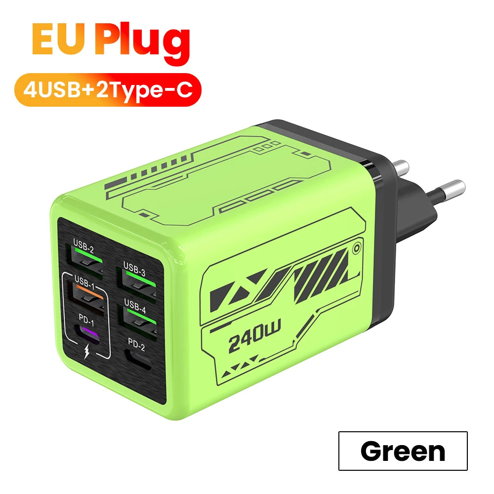 240W 6-Port Super Fast Charger – 4 USB + 2 USB-C PD 3.0 Fast Charging Station for iPhone 17/16, Samsung, POCO & More