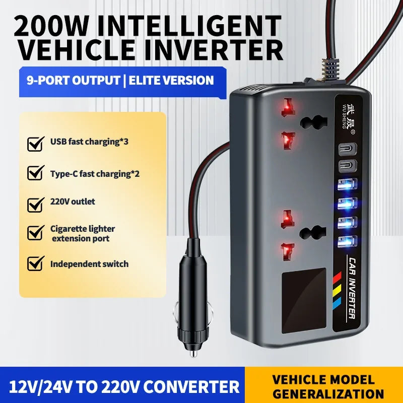 Portable Car Power Inverter 12V to 110V / 24V to 220V with 4 USB Fast Charging Ports | AC Outlet Adapter for Car, Truck & RV