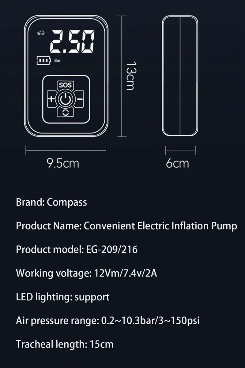Mobile small and convenient digital cordless portable air pump, fast tire inflator, compressor, car tire inflator, bicycle, ball