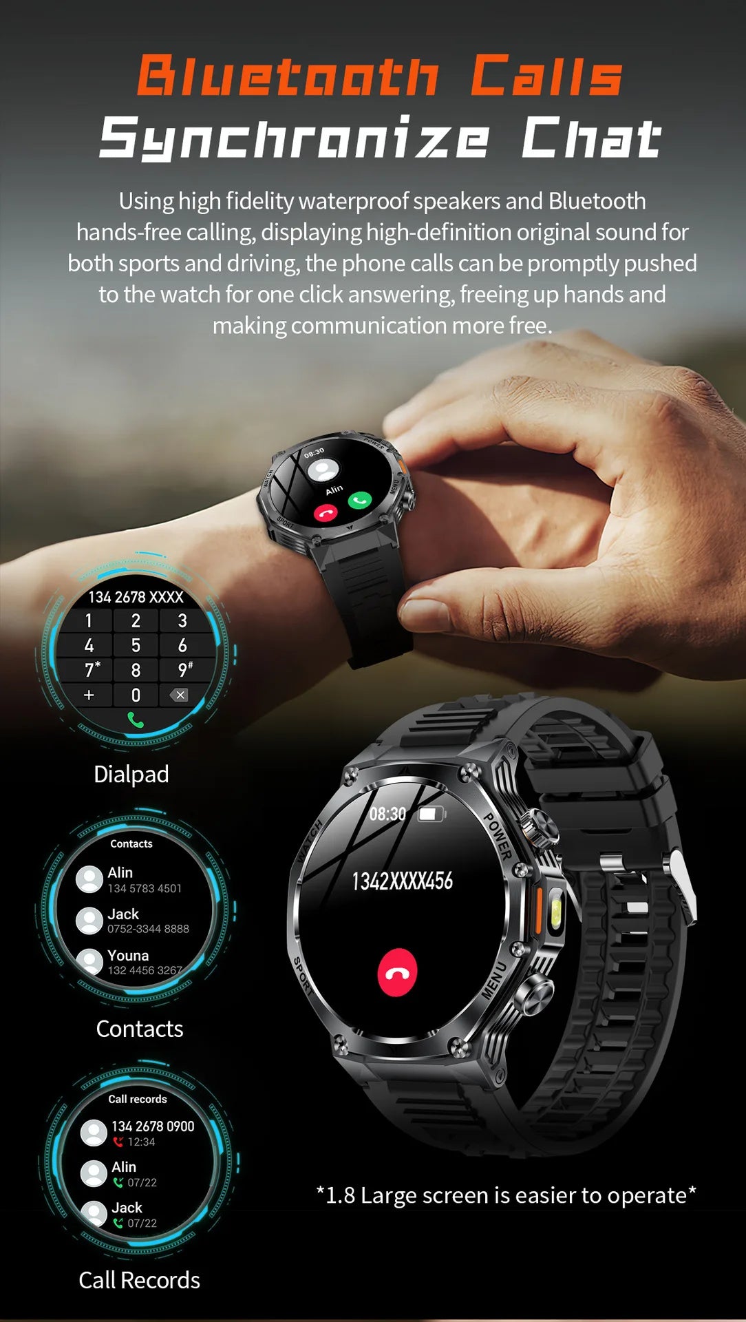 AK82 smart watch bluetooth call bluetooth call sports high definition waterproof heart rate flashlight multi-function