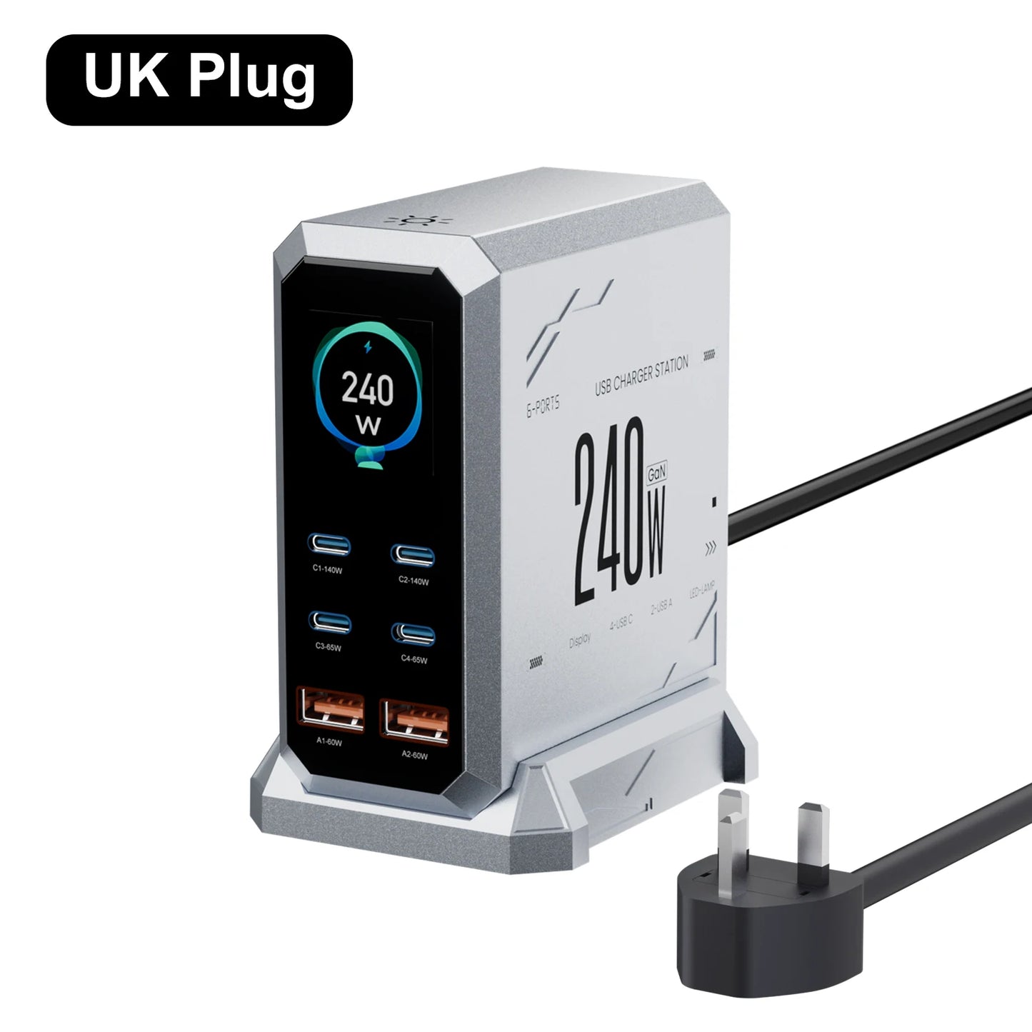 240W GaN 6-in-1 Fast Charger | 140W PD3.1 USB-C Charging Station with Digital Display for iPhone, MacBook & Samsung