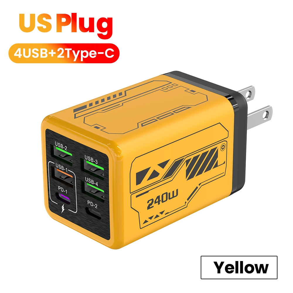 240W 6-Port Super Fast Charger – 4 USB + 2 USB-C PD 3.0 Fast Charging Station for iPhone 17/16, Samsung, POCO & More