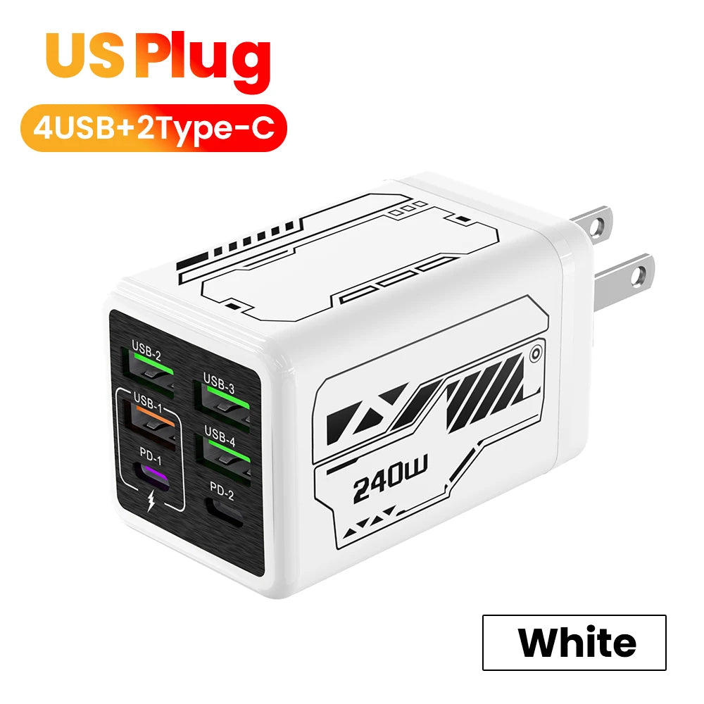 240W 6-Port Super Fast Charger – 4 USB + 2 USB-C PD 3.0 Fast Charging Station for iPhone 17/16, Samsung, POCO & More