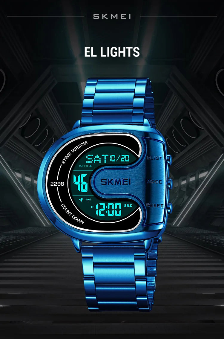 Skmei Mens Digital Waterproof Watches Luxury Stainless Steel Band Led Chronograph Alarm Clock Fashion Stopwatch Sports Dual Time