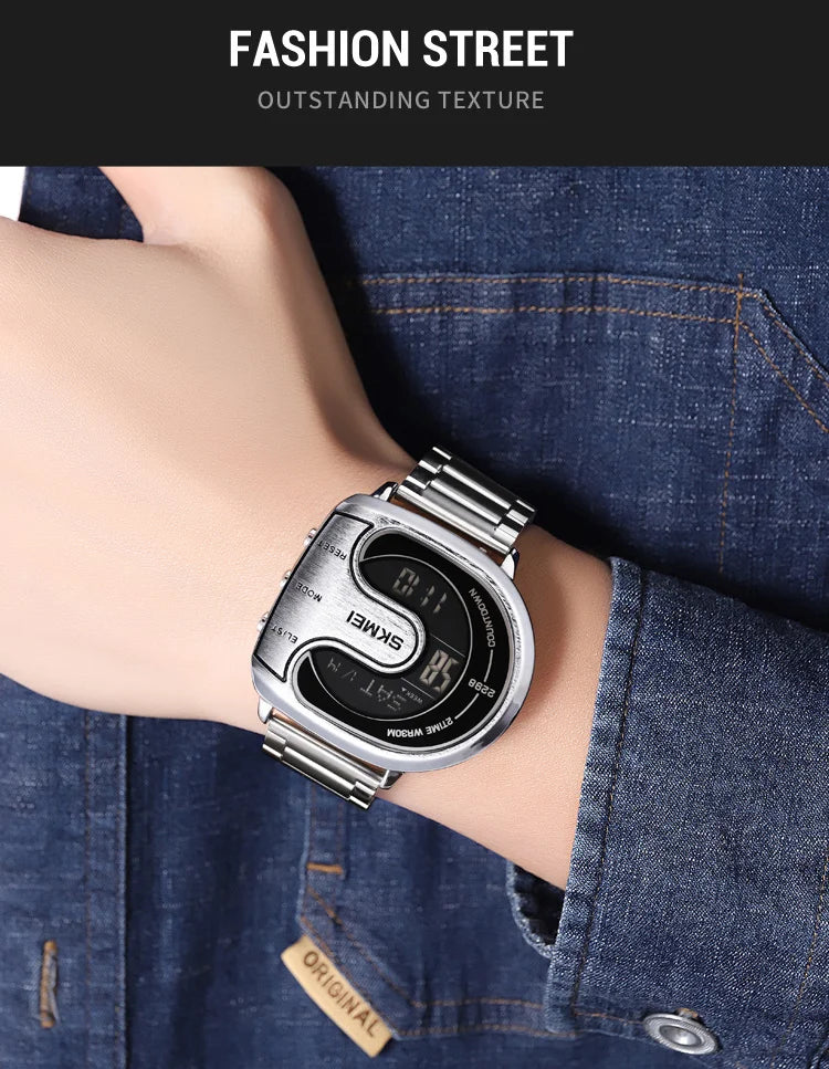 Skmei Mens Digital Waterproof Watches Luxury Stainless Steel Band Led Chronograph Alarm Clock Fashion Stopwatch Sports Dual Time