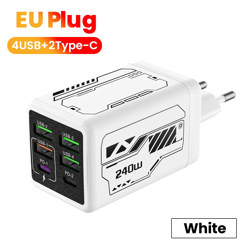 240W 6-Port Super Fast Charger – 4 USB + 2 USB-C PD 3.0 Fast Charging Station for iPhone 17/16, Samsung, POCO & More