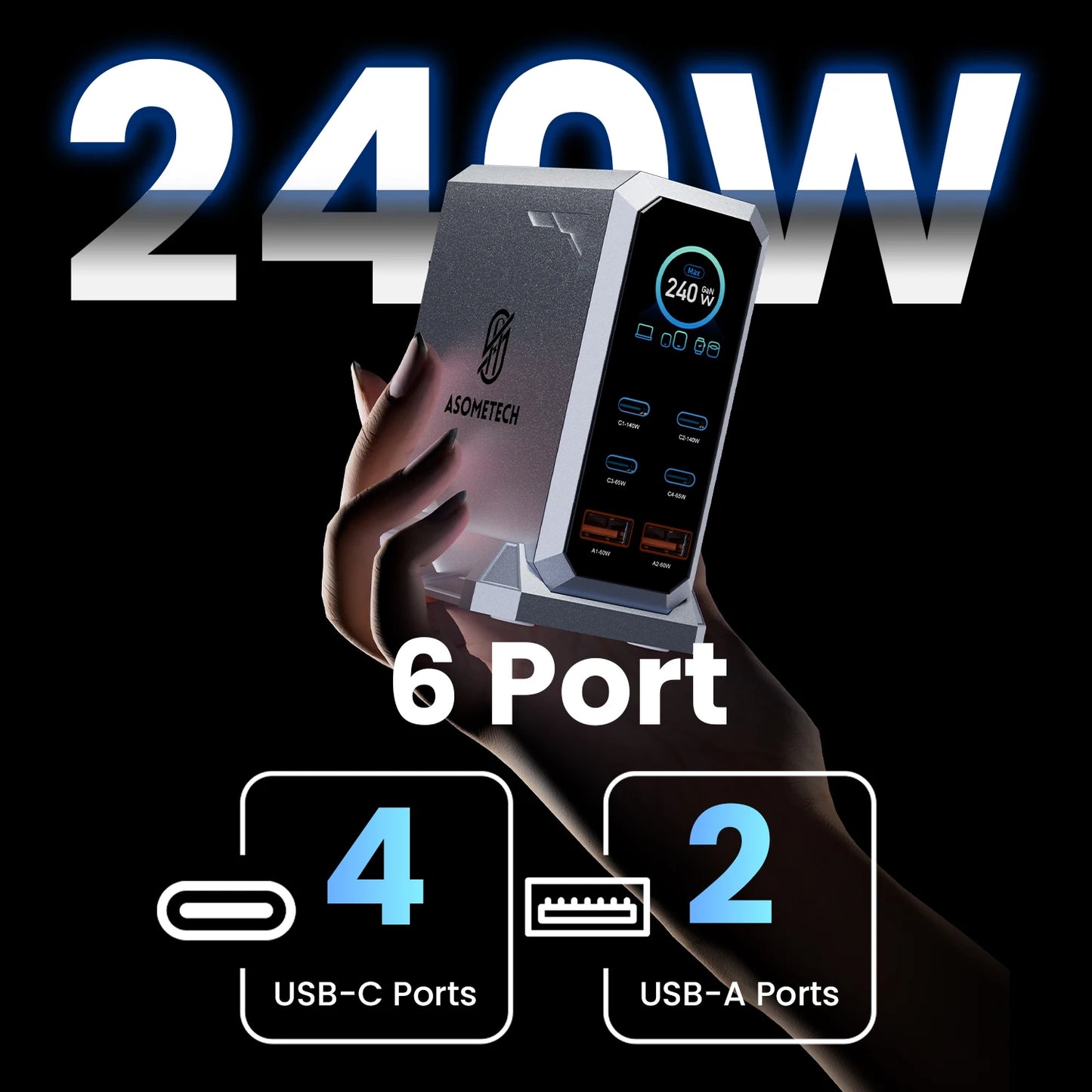 240W GaN 6-in-1 Fast Charger | 140W PD3.1 USB-C Charging Station with Digital Display for iPhone, MacBook & Samsung
