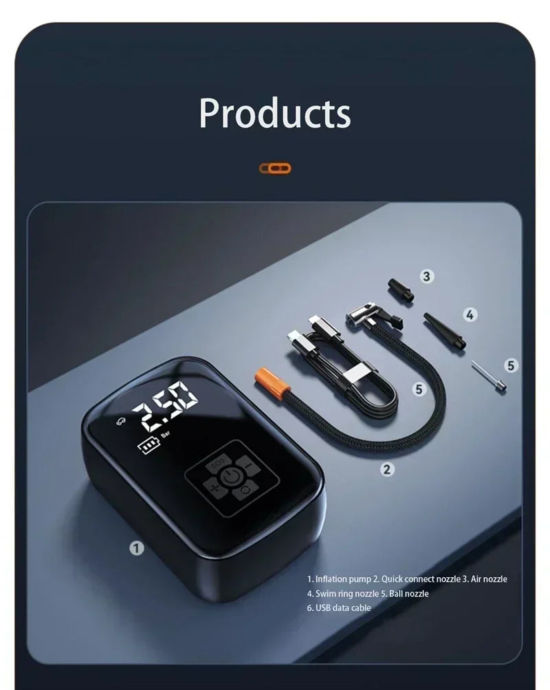 Mobile small and convenient digital cordless portable air pump, fast tire inflator, compressor, car tire inflator, bicycle, ball