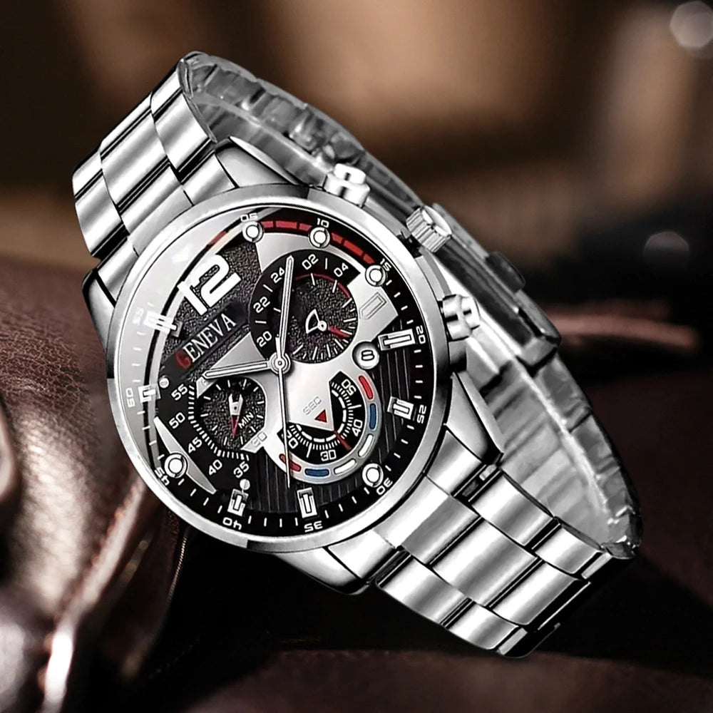 2PCS Men's Watch Set Trendy Fashion Business Digital Scale Circular Dial Quartz Watch Set Suitable for Daily Clothing Matching