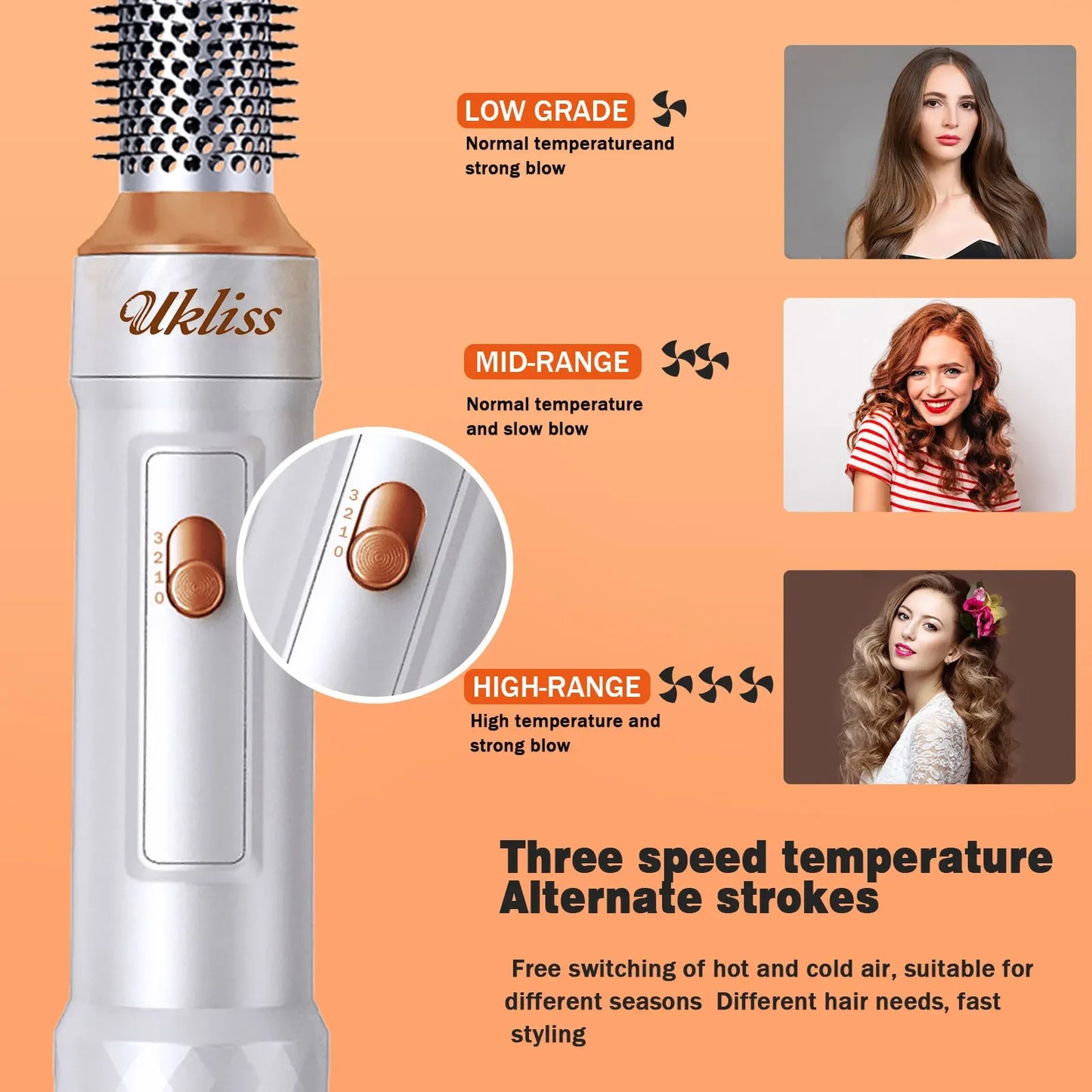 Ukliss 6 In 1 Electric Hair Dryer Brush White gold Blow Dryer Comb Hair Curling Wand Detachable Brush Kit Negative Ion Curler