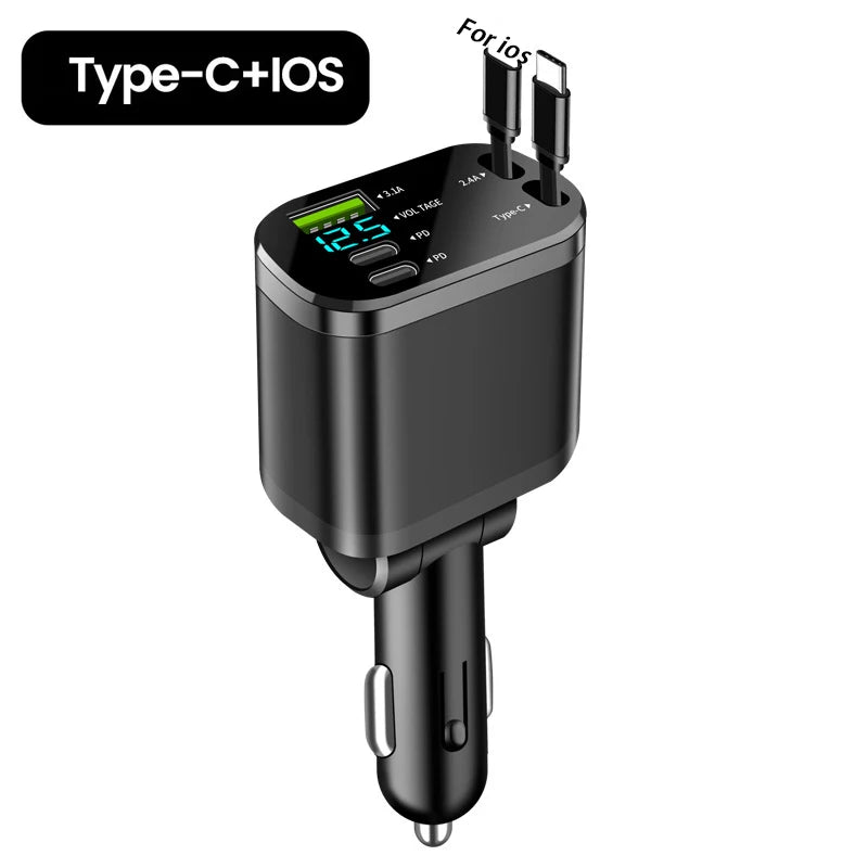 150W 5-in-1 Retractable Car Charger | Fast Charging USB Cigarette Lighter Adapter for iPhone & Samsung
