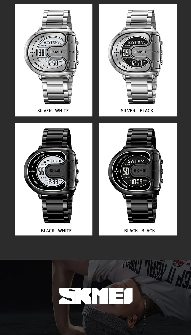 Skmei Mens Digital Waterproof Watches Luxury Stainless Steel Band Led Chronograph Alarm Clock Fashion Stopwatch Sports Dual Time