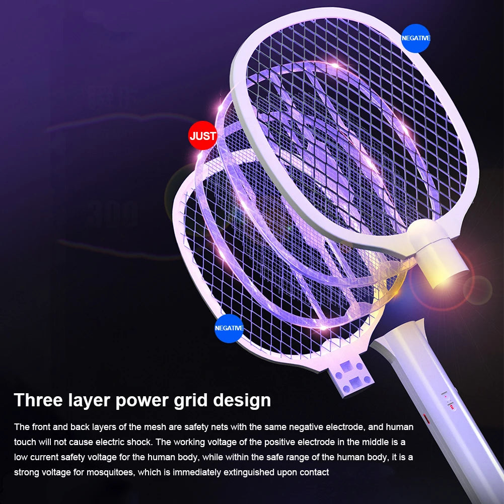 Handheld Electric Fly Swatter 3000V Bug Zapper Racket 2 in 1 Fly Swatter with USB Rechargeable Mosquito Killer Lamp Pest Control