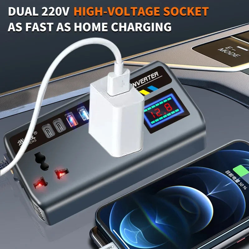 Portable Car Power Inverter 12V to 110V / 24V to 220V with 4 USB Fast Charging Ports | AC Outlet Adapter for Car, Truck & RV