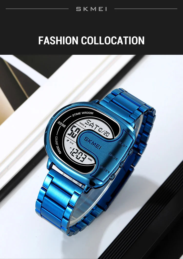 Skmei Mens Digital Waterproof Watches Luxury Stainless Steel Band Led Chronograph Alarm Clock Fashion Stopwatch Sports Dual Time