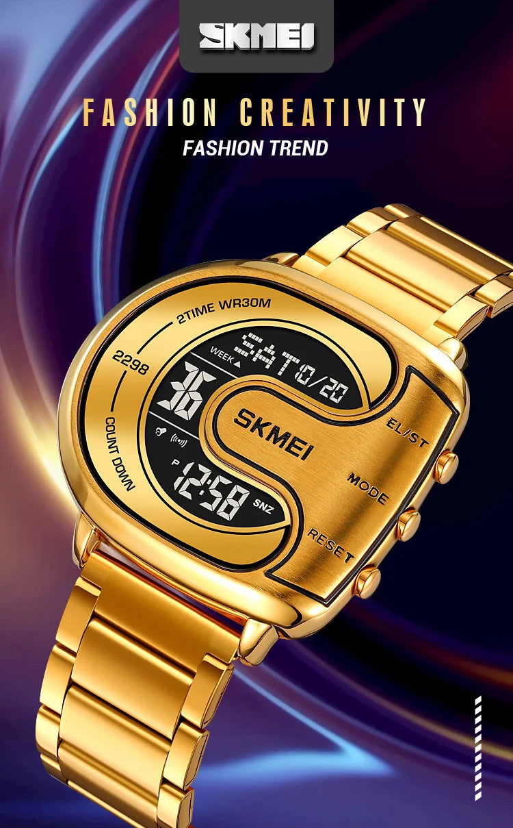Skmei Mens Digital Waterproof Watches Luxury Stainless Steel Band Led Chronograph Alarm Clock Fashion Stopwatch Sports Dual Time